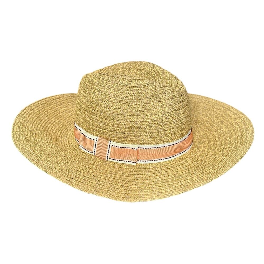 Anthropologie Brighton Beach Rancher Straw Hat Paper Tan Orange Ribbon Bow - Picture 3 of 10
